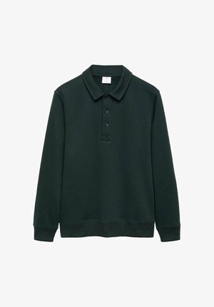 Ciemnozielona koszulka polo z długim rękawem uszyta z miękkiej tkaniny, z wywiniętym kołnierzykiem, trzema guzikami z przodu oraz ściągaczami na rękawach.