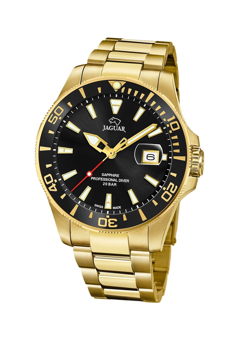 Montre de plongée en acier inoxydable doré avec un cadran noir, des marqueurs lumineux et un affichage de la date. Comprend une lunette tournante et un bracelet texturé.