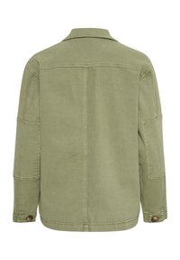 Olive green long-sleeve jacket with buttoned cuffs, visible stitching, and seam details on the back and sleeves.