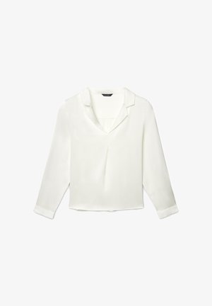 White long-sleeve blouse with a collar, V-neckline, and a slight sheen. Features a relaxed fit and cuffs with button details. Lightweight fabric.
