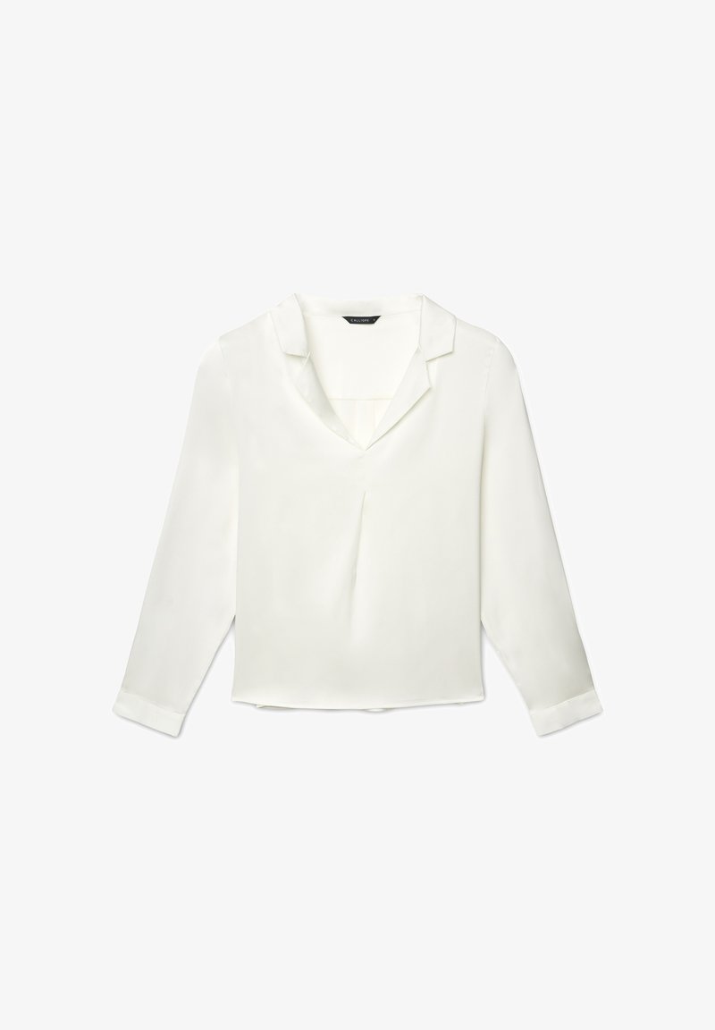 Blusa bianca a maniche lunghe con colletto, scollo a V e leggero effetto lucido. Presenta una vestibilità morbida e polsini con dettagli a bottoni. Tessuto leggero.