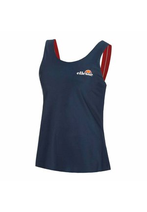 Navyblaues ärmelloses Tanktop mit rundem Halsausschnitt, roten Akzentträgern und kleinem weißem Logo auf der Brust. Glatte Textur, sportliches Design.