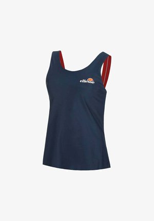 Marineblauw mouwloos tanktop met een ronde halslijn, rode accentbanden en een klein wit logo op de borst. Gladde textuur, atletisch ontwerp.