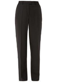 Schwarze maßgeschneiderte Hose mit geradem Bein, aus glattem Stoff gefertigt, mit vorderen Falten und Seitentaschen. Schlichtes Bunddesign.