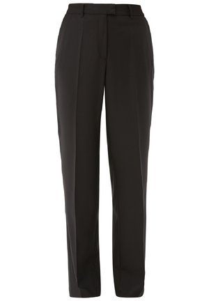 Schwarze maßgeschneiderte Hose mit geradem Bein, aus glattem Stoff gefertigt, mit vorderen Falten und Seitentaschen. Schlichtes Bunddesign.