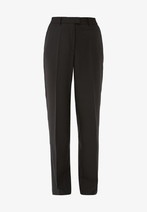 Black tailored trousers with a straight-leg fit, made from smooth fabric, featuring front pleats and side pockets. Simple waistband design.