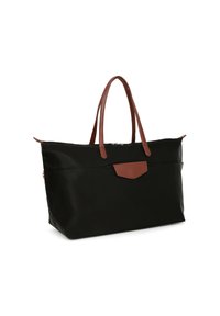 Borsa tote in nylon nera con manici e dettagli in pelle marrone; forma rettangolare, chiusura con zip e tasca frontale con patta in pelle.