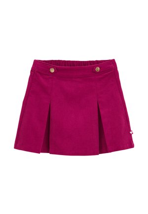 Jupe en velours côtelé fuchsia avec taille élastique, deux boutons à l'avant, design plissé et un petit logo en forme de cœur sur l'ourlet.