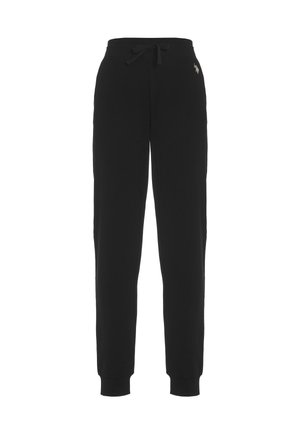 Pantaloni della tuta neri realizzati in morbido tessuto, con vita regolabile attraverso un cordino, gambe affusolate e polsini a costine. Un piccolo logo è posizionato sulla parte frontale.