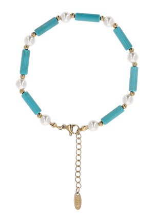 Brățară cu lanț de aur cu mărgele cilindrice turcoaz alternante și perle albe, prevăzută cu un închizător lobster și un lanț extensibil reglabil.