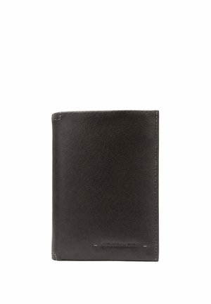 Portefeuille en cuir noir avec coutures apparentes et nom de marque subtilement embossé en bas au centre devant, présenté fermé sur fond blanc.