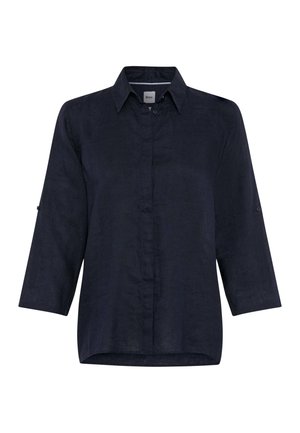 Granatowa lniana koszula zapinana na guziki, z rękawami o długości do łokcia i zaostrzonym kołnierzem, wyposażona w ukryte guziki z przodu oraz patki na rękawach.