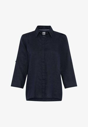 Granatowa lniana koszula zapinana na guziki, z rękawami o długości do łokcia i zaostrzonym kołnierzem, wyposażona w ukryte guziki z przodu oraz patki na rękawach.