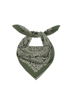 Zielony bandana z białym wzorem paisley, w kształcie trójkąta, z związanymi końcami. Wykonana z miękkiego materiału o gładkiej fakturze.