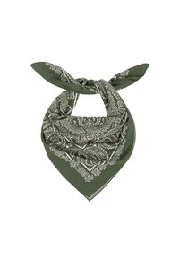 Zielony bandana z białym wzorem paisley, w kształcie trójkąta, z związanymi końcami. Wykonana z miękkiego materiału o gładkiej fakturze.