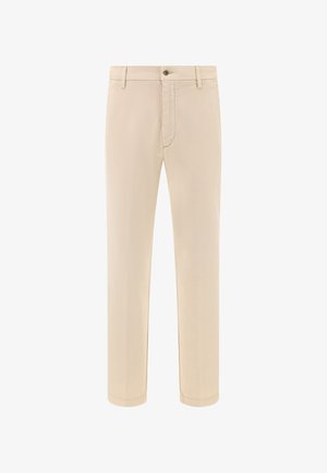Pantalons beige en tissu lisse avec une coupe droite, équipés d'une fermeture éclair, d'un bouton de fermeture et de poches standard.