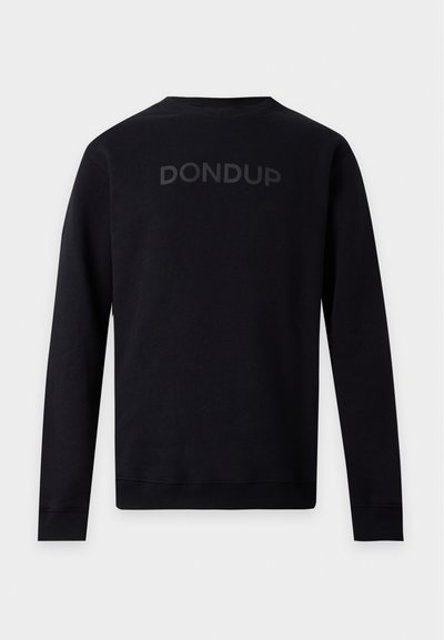 Sweat-shirt noir à manches longues avec poignets et ourlet côtelés, avec un texte subtil "DONDUP" en gris foncé sur le haut du dos.