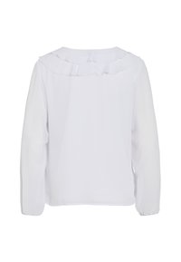 Blouse blanche à manches longues avec un détail de col à volants, vue de dos sur fond blanc uni.