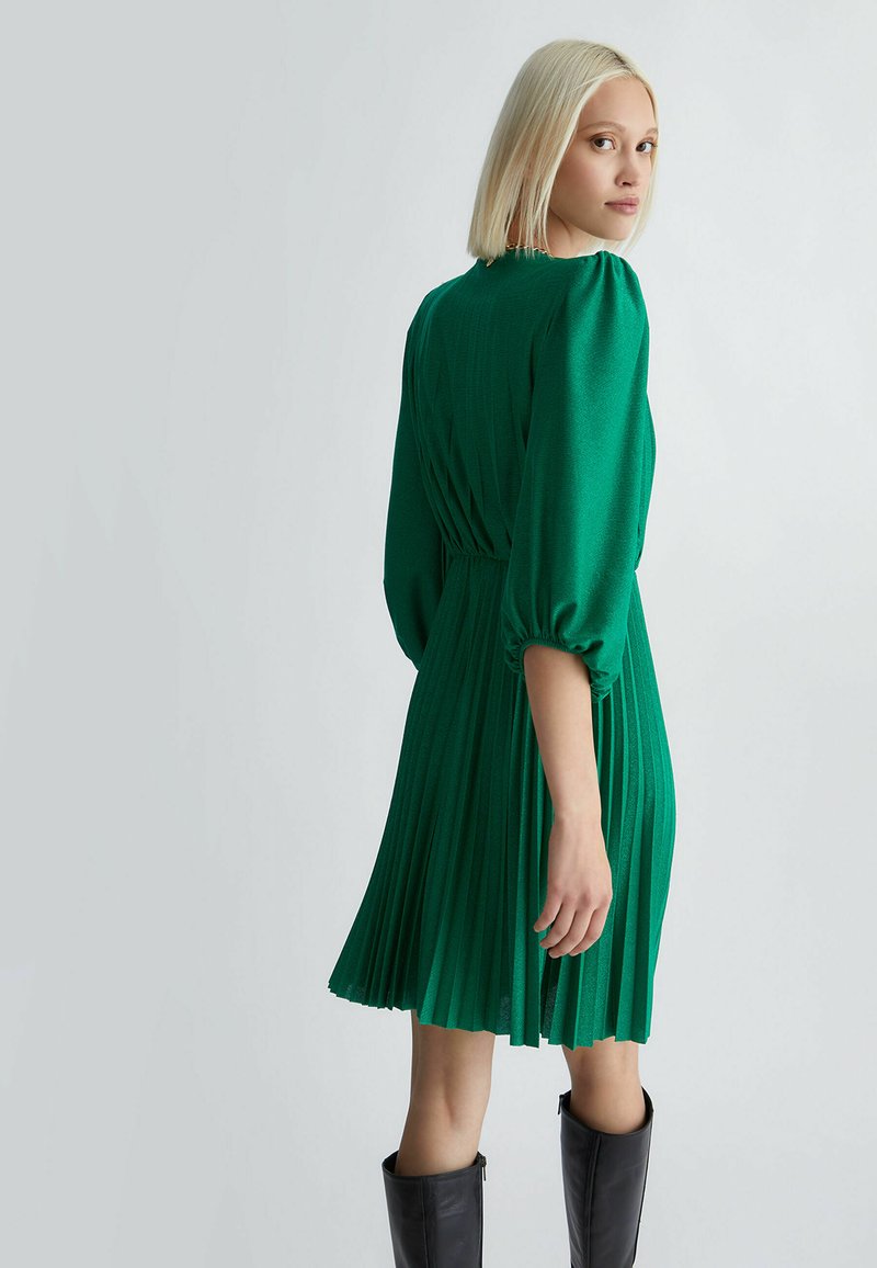 Grünes Plissee-Kleid aus strukturiertem Stoff, mit Puffärmel und figurbetontem Bund. Knielang, mit glatter Oberfläche und dezentem Glanz.