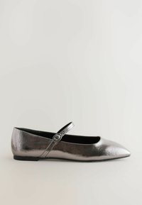 Metalen zilveren ballet flats met een spitse neus, platte zool en een stijlvolle strap met een cirkelvormige gesp. Gladde textuur.
