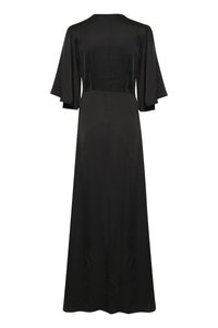 Black satin dress with a flowing design, short bell sleeves, and a long skirt. Smooth texture and simple, elegant style.