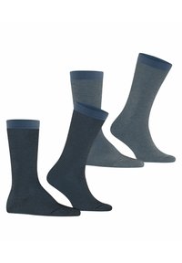 Vierer-Set Socken in Dunkelblau und Grau, mit einfarbigen und gestreiften Mustern. Hergestellt aus weichem, strukturiertem Stoff mit gerippten Bündchen.