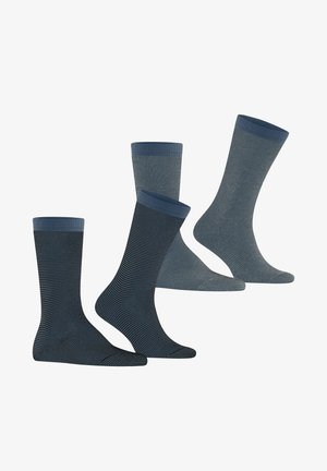 Vierer-Set Socken in Dunkelblau und Grau, mit einfarbigen und gestreiften Mustern. Hergestellt aus weichem, strukturiertem Stoff mit gerippten Bündchen.