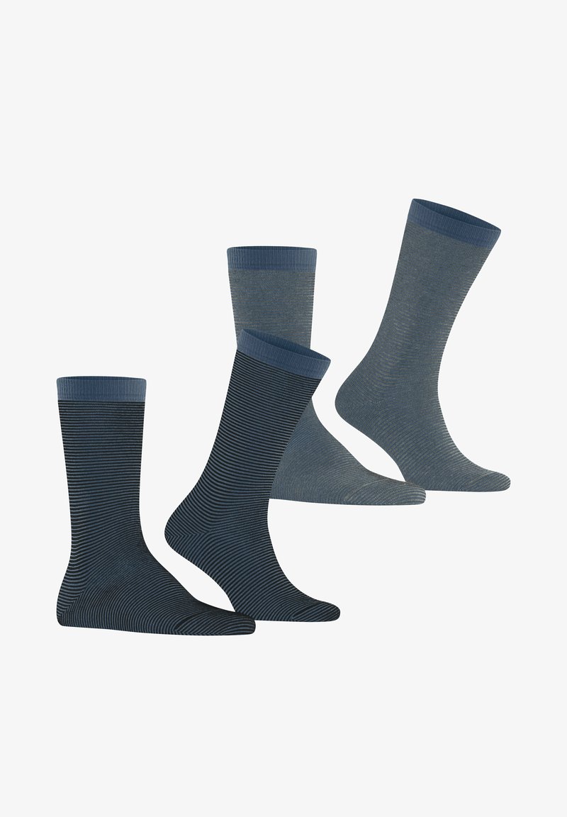 Set of four socks in dark blue and grey, featuring solid and striped patterns. Made from soft, textured fabric with ribbed cuffs.