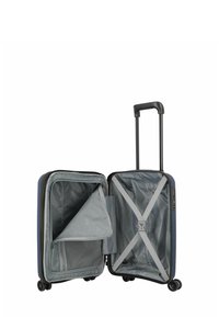 Valise bleue à coque rigide, intérieur doublé de tissu gris. Équipée d'une poche en filet, de sangles pour sécuriser les objets et de roues pour la mobilité.