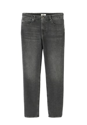 Jean en denim gris foncé avec une coupe droite, style cinq poches et une fermeture à bouton. Présente des décolorations subtiles et des accents de couture.