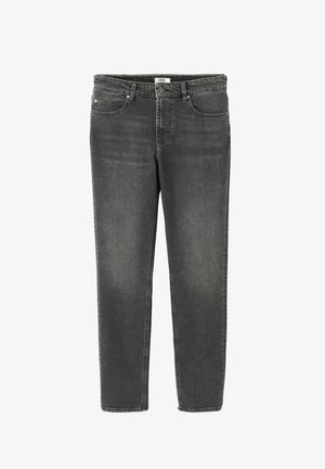 Jean en denim gris foncé avec une coupe droite, style cinq poches et une fermeture à bouton. Présente des décolorations subtiles et des accents de couture.