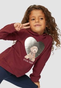 Bordeauxkleurige hoodie met een glanzende hartafbeelding en een hondenafbeelding, met de tekst "Laten we vrienden zijn!" in het wit. Zachte katoenen stof.