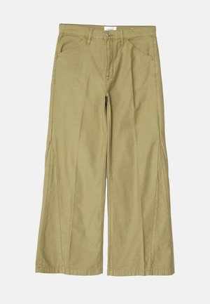 Heledad püksid helesinises puuvillas, millel on lukuga lend, esipockets ning õmblustega detailid õmbluste ääres.