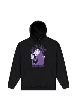 Sweat à capuche noir avec un graphisme violet d’un méchant de dessin animé tenant un petit personnage, le texte indique « BAD GUY » et « BE EVIL TODAY ».
