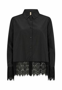 Black button-up shirt with a lace hem. Features a collar, long sleeves, and textured lace detailing at the bottom and sleeve cuffs.