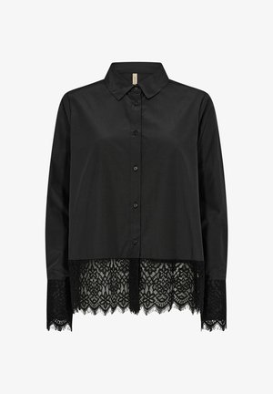 Black button-up shirt with a lace hem. Features a collar, long sleeves, and textured lace detailing at the bottom and sleeve cuffs.