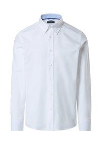 Camicia bianca a maniche lunghe con colletto abbottonato. Presenta una fodera a righe sottili blu, bottoni bianchi e un piccolo logo sul petto sinistro.