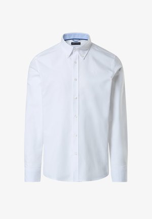 Weißes langärmeliges Hemd mit Button-Down-Kragen. Verfügt über ein dezentes blau gestreiftes Innenfutter, weiße Knöpfe und ein kleines Logo auf der linken Brust.