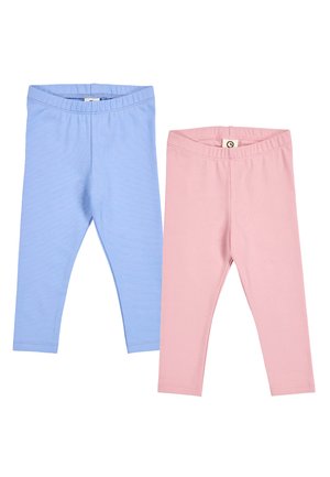 Zwei Paar Kinderleggings, eines hellblau und eines hellrosa, flach auf weißem Hintergrund ausgelegt.