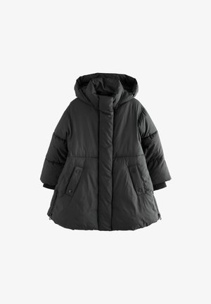 Must must jacket kõrge kraega, katab esiosa ja nupuga taskud. Kujundusel on lõdva vormi ja tikandilise tekstuuriga.