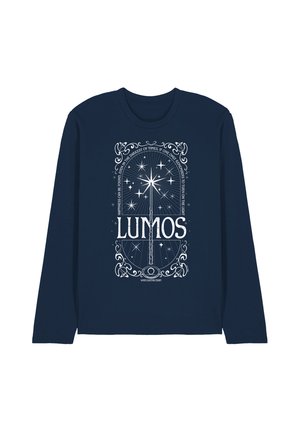 Navy long-sleeve shirt with white design of a magic wand emitting light and text "Lumos" surrounded by stars and decorative border.