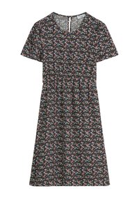 Bloemenjurk met een bruine achtergrond, korte mouwen, v-hals, gefronst taille en meerkleurige bloemen. Zachte stof, knie-lange ontwerp.