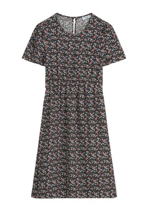 Bloemenjurk met een bruine achtergrond, korte mouwen, v-hals, gefronst taille en meerkleurige bloemen. Zachte stof, knie-lange ontwerp.