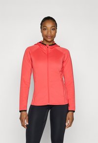 Koralfarvet zip-hoodie med hætte, der har en sort detalje ved kraven og på manchetterne, lavet af et glat, strækbart materiale.