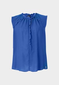 Blauwe mouwloze blouse met een gerimpelde nek, een gladde textuur en een licht losse pasvorm. Beschikt over een knoopsluiting en een subtiel logo aan de zoom.
