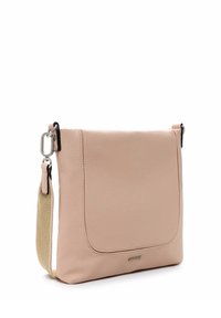 Šviesiai rožinė odinė per petį nešama rankinė su lygiu paviršiumi, priekinė kišenė ir reguliuojama šviesiai beige spalvos petneša. Yra sidabrinės detalės.