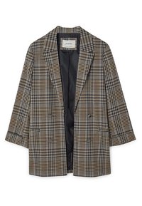 Dvojitě zapínaný blejzr v hnědé a modré kostkované úpravě, s klopovým límcem, čtyřmi předními knoflíky a hladkým černým vnitřním podšívkou.