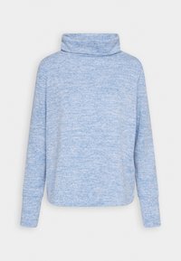 Pull-over bleu chiné avec un col cheminée haut, manches longues et coupe décontractée. Texture douce avec poignets et ourlet côtelés.