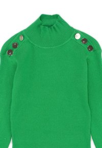 Maglione verde a coste con collo alto e tre grandi bottoni metallici sulla spalla sinistra, con un design aderente e una texture morbida.