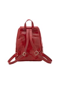 Rode leren rugzak met een glanzende afwerking, verticale vorm, twee verstelbare banden en een handvat aan de bovenkant. Bevat accenten in goudkleurige hardware.